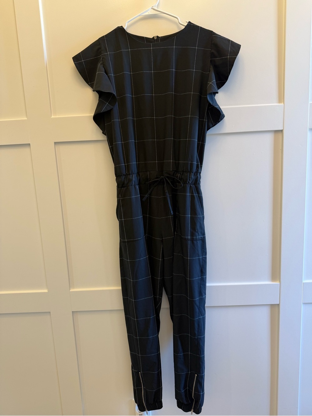 Albion Windowpane Flutter Sleeve Jumpsuit Black White Size S Zip Ankle